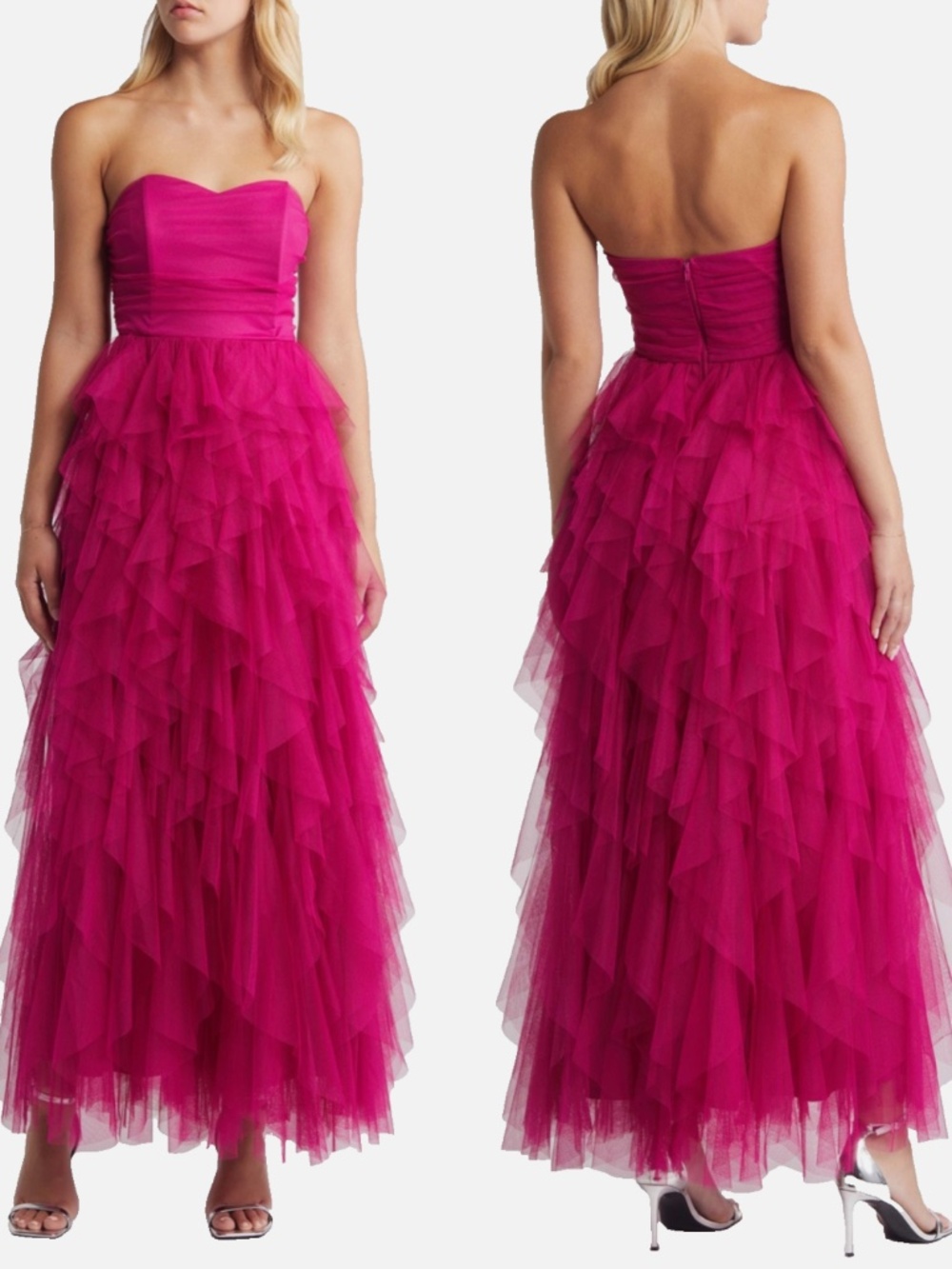 NEW CHELSEA28 Fuchsia STRAPLESS Ruched Bust TULLE TIERED Maxi Dress GOWN XS